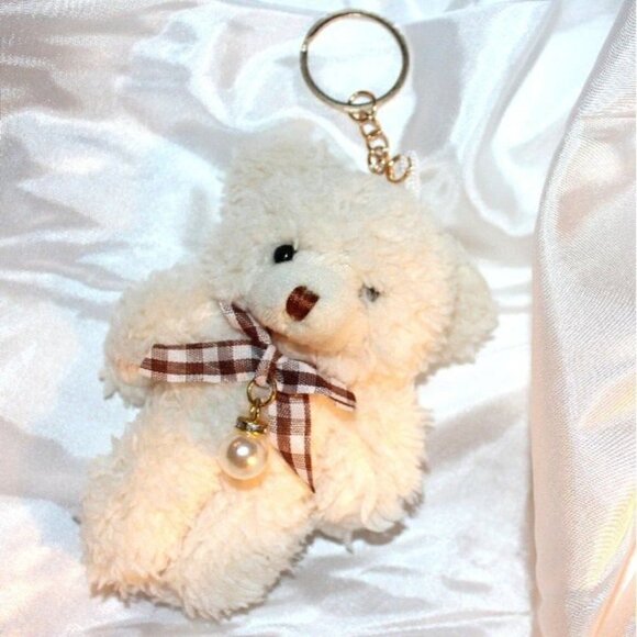 Super Cute Stuffed Animal Adorable Off-White Teddy Bear Pearl Charm Key Chain - Picture 2 of 5
